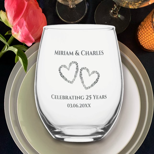 Personalised Elegant Modern Heart 25th Anniversary Stemless Wine Glass (Add couple’s names and 25th anniversary date for elegant simple keepsake glass 25th anniversary gift)