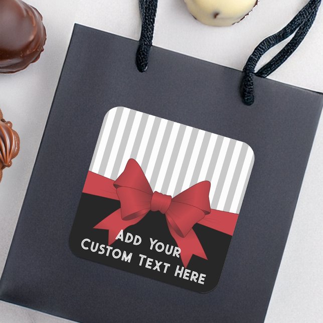 Personalised Elegant Modern Red Ribbon Favour Square Sticker (Creator Uploaded)
