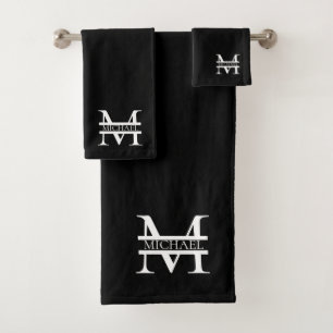 Personalised Elegant Monogram and Name Black Bath Towel Set