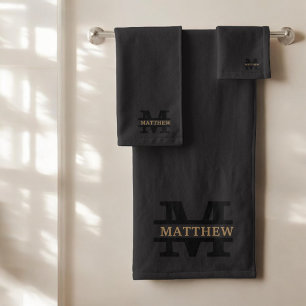 Personalised Elegant Monogram and Name Black Bath Towel Set