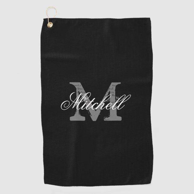 Personalised elegant monogram black golf towel (Front)