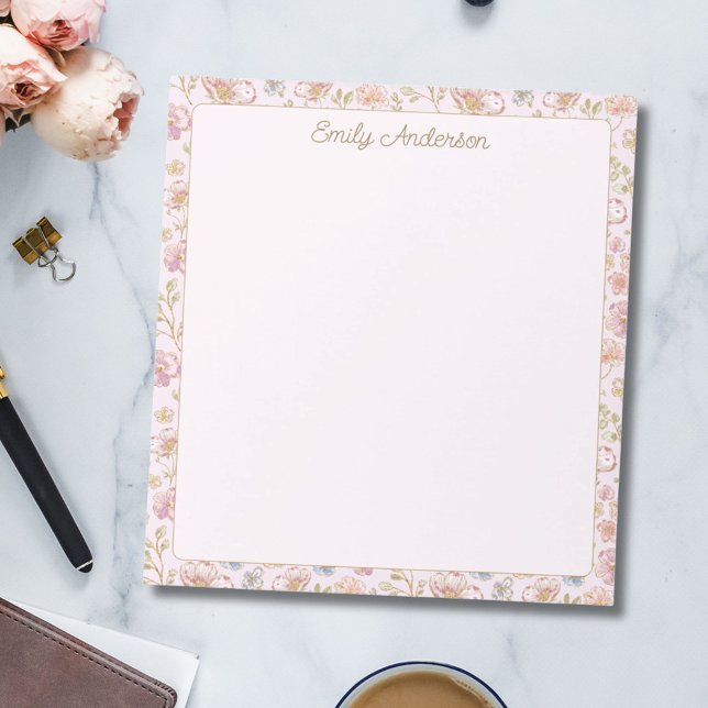 Personalised Elegant Monogram Pretty Floral Border Notepad (In situ)