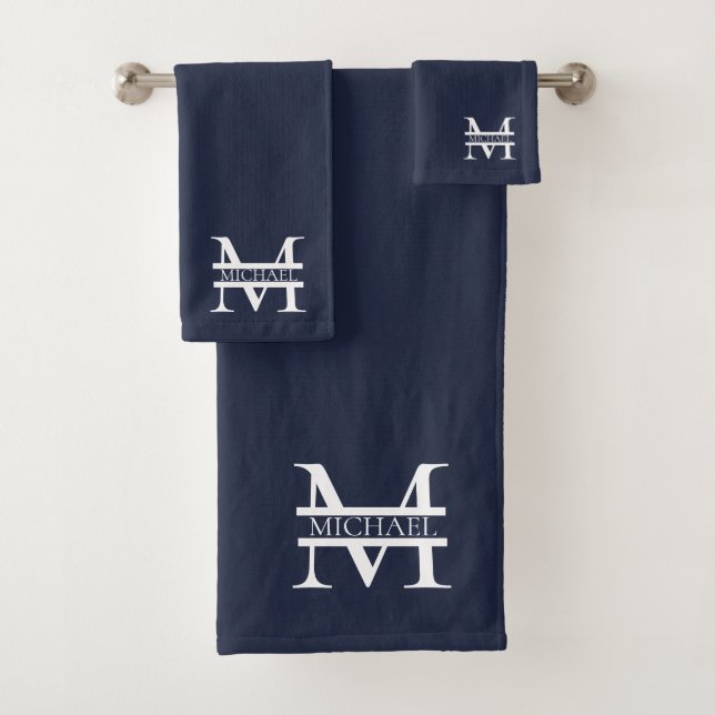 Personalised Elegant Navy Blue Monogram and Name Bath Towel Set (Insitu)