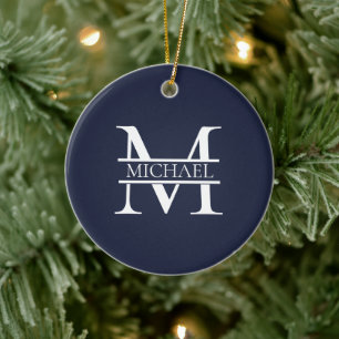 Personalised Elegant Navy Blue Monogram and Name Ceramic Ornament