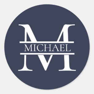 Personalised Elegant Navy Blue Monogram and Name Classic Round Sticker