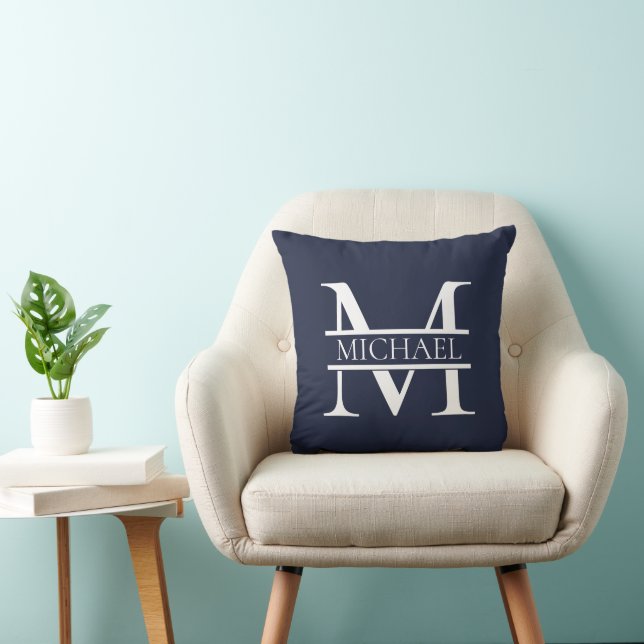 Personalised Elegant Navy Blue Monogram and Name Cushion (Chair)