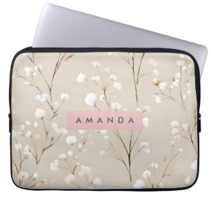 Personalised Elegant Neutral Cotton Blossom Laptop Sleeve