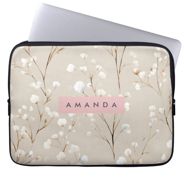 Personalised Elegant Neutral Cotton Blossom Laptop Sleeve (Front)