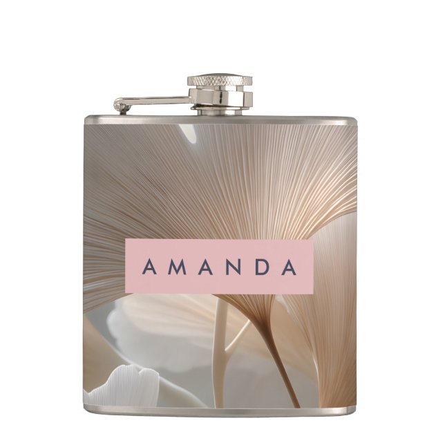 Personalised Elegant Neutral Ginkgo Leaves Hip Flask (Front)