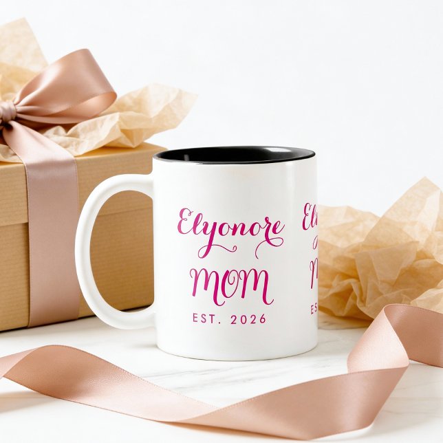 Personalised Elegant New Mum Name Est Pink Script  Two-Tone Coffee Mug (Creator Uploaded)