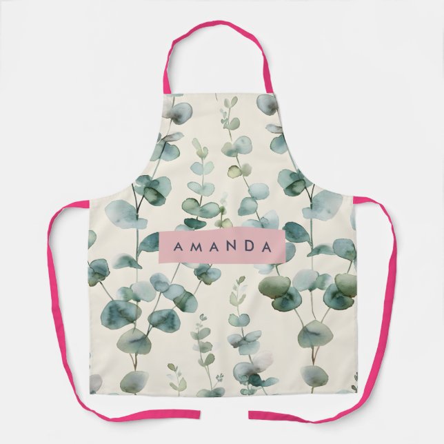 Personalised Elegant Pastel Eucalyptus Leaves Apron (Front)