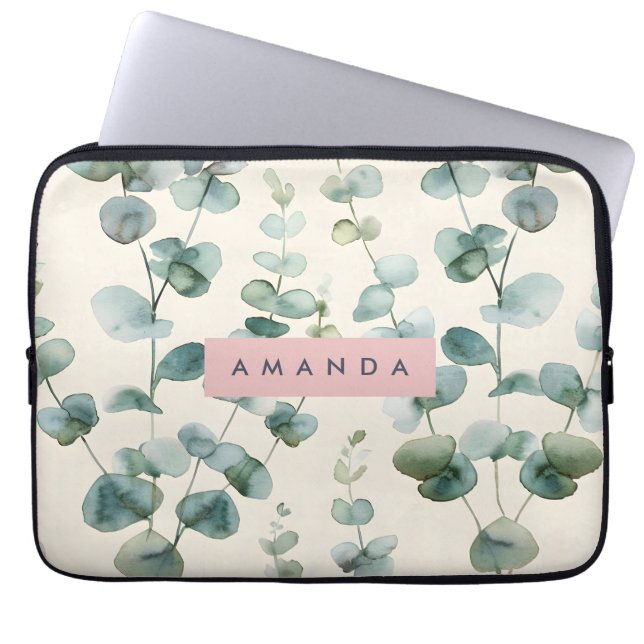 Personalised Elegant Pastel Eucalyptus Leaves Laptop Sleeve (Front)