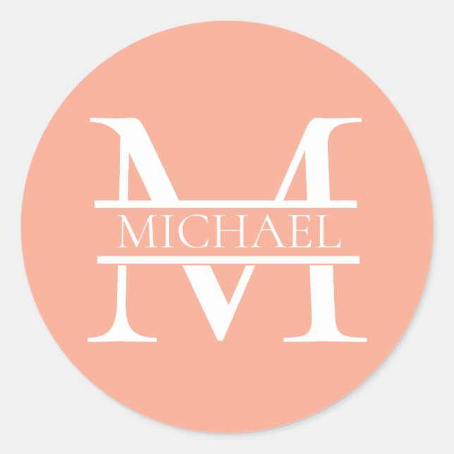 Personalised Elegant Peach Monogram and Name Classic Round Sticker (Front)