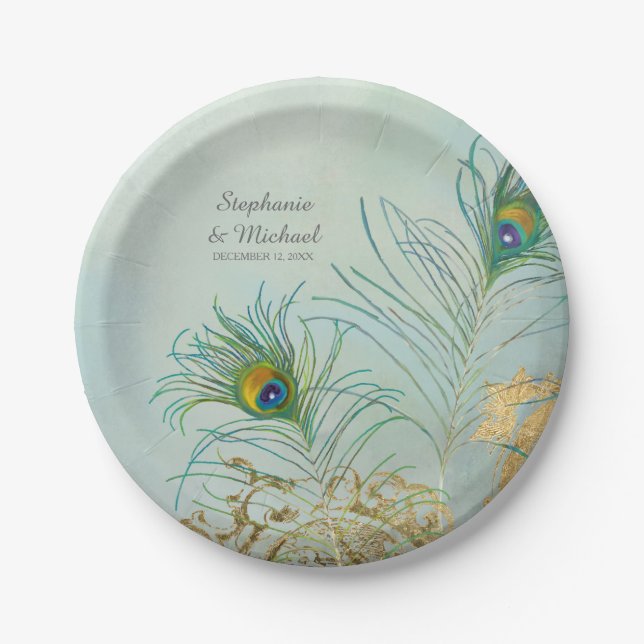 Personalised Elegant Peacock Feathers Gold Wedding Paper Plate (Front)