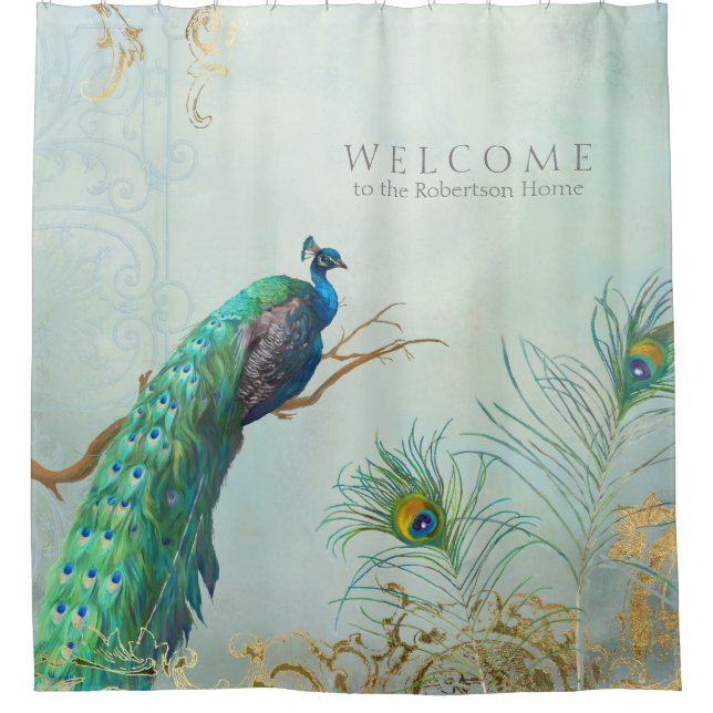 Personalised Elegant Peacock Feathers Tree Branch Shower Curtain (Front)