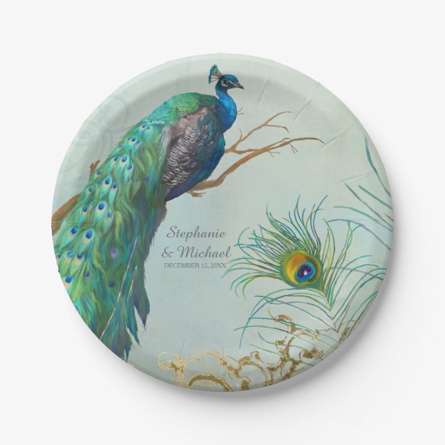 Personalised Elegant Peacock on Tree Branch Art Paper Plate (Front)