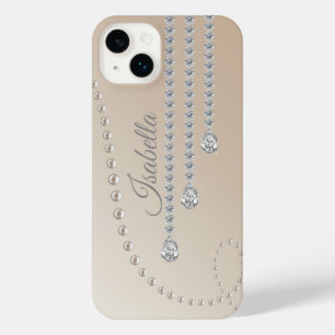 Personalised Elegant Pearl and Diamonds on Beige iPhone 14 Plus Case