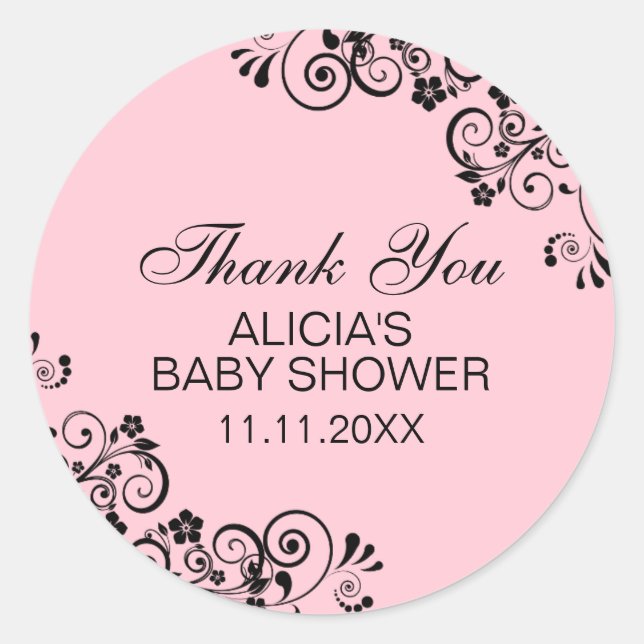Personalised Elegant PINK Baby Shower Thank You Classic Round Sticker (Front)