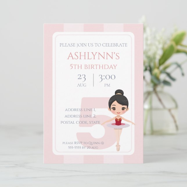 Personalised Elegant Pink Ballerina Birthday Invitation (Standing Front)