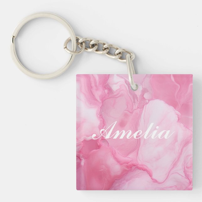Personalised elegant pink marble calligraphy  key ring (Front)