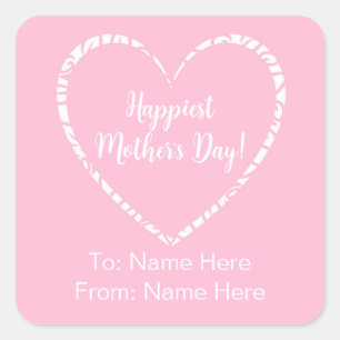 Personalised Elegant Pink White Heart Mother's Day Square Sticker