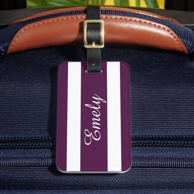 Personalised Elegant Purple Striped Pattern Name Luggage Tag (Front Insitu 2)