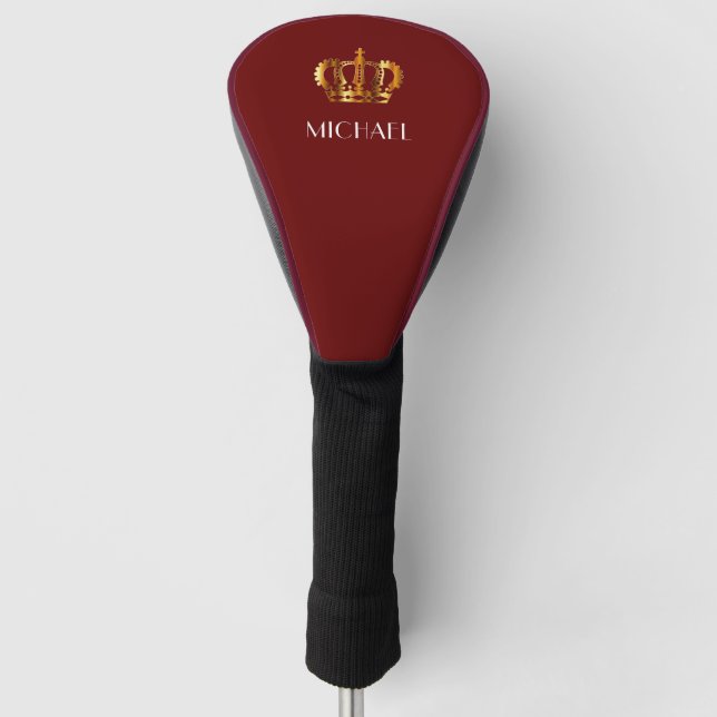 Personalised Elegant Red Gold Crown Golf Head Cover (Front)
