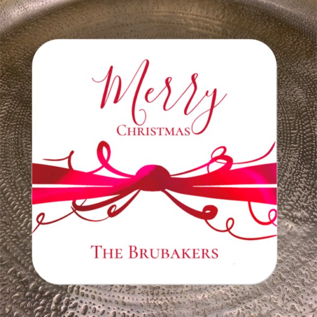 Personalised Elegant Red Ribbon Merry Christmas Square Sticker (Personalize this bright red unique bow Merry Christmas sticker with custom text or name.  )