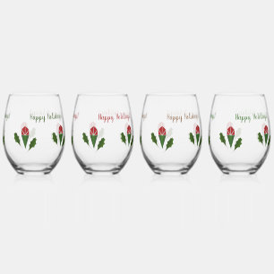 Personalised Elegant Red Roses & Holly Holiday Stemless Wine Glass