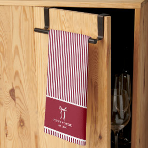 Personalised Elegant Red Stripe Bow Tea Towel