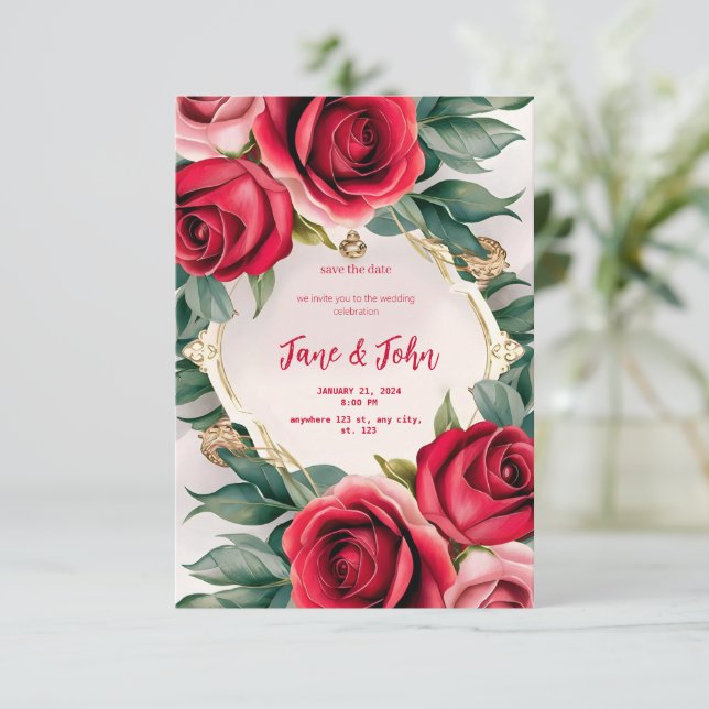 [Personalised] Elegant Rose Wedding Invitation (Standing Front)