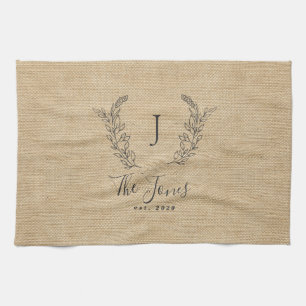 Personalised elegant rustic monogram family name tea towel