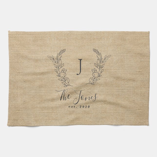 Personalised elegant rustic monogram family name tea towel (Horizontal)