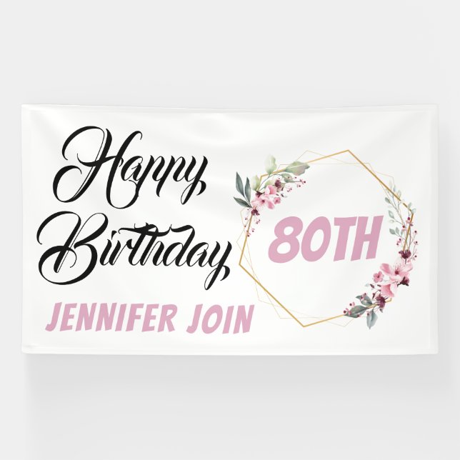 Personalised elegant rustic pink flowers birthday  banner (Horizontal)