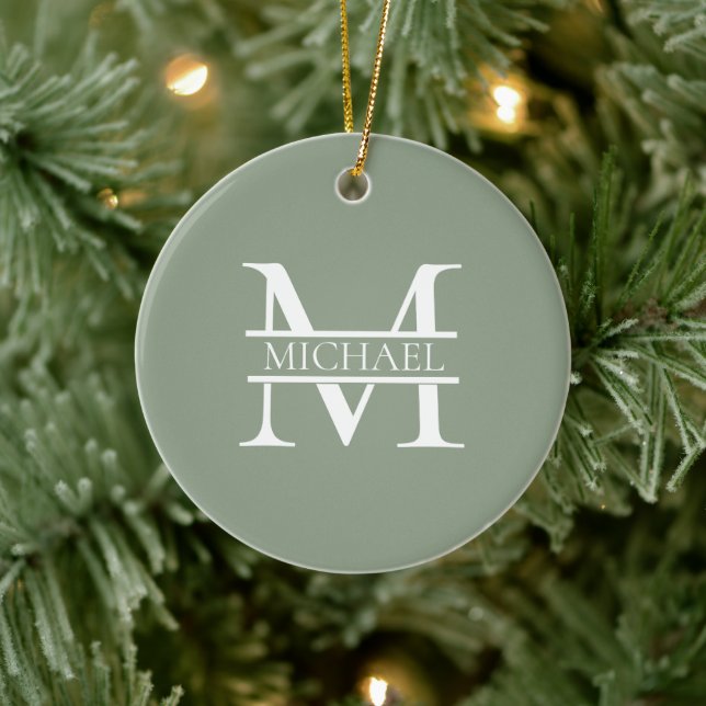 Personalised Elegant Sage Green Monogram & Name Ceramic Ornament (Tree)