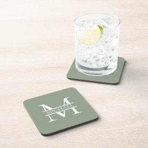 Personalised Elegant Sage Green Monogram & Name Coaster