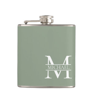 Personalised Elegant Sage Green Monogram & Name Hip Flask