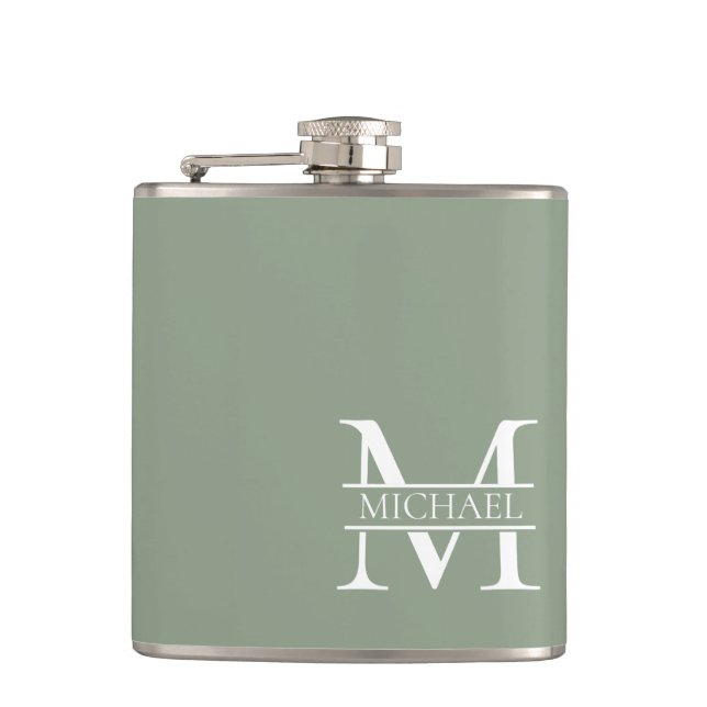 Personalised Elegant Sage Green Monogram & Name Hip Flask (Front)
