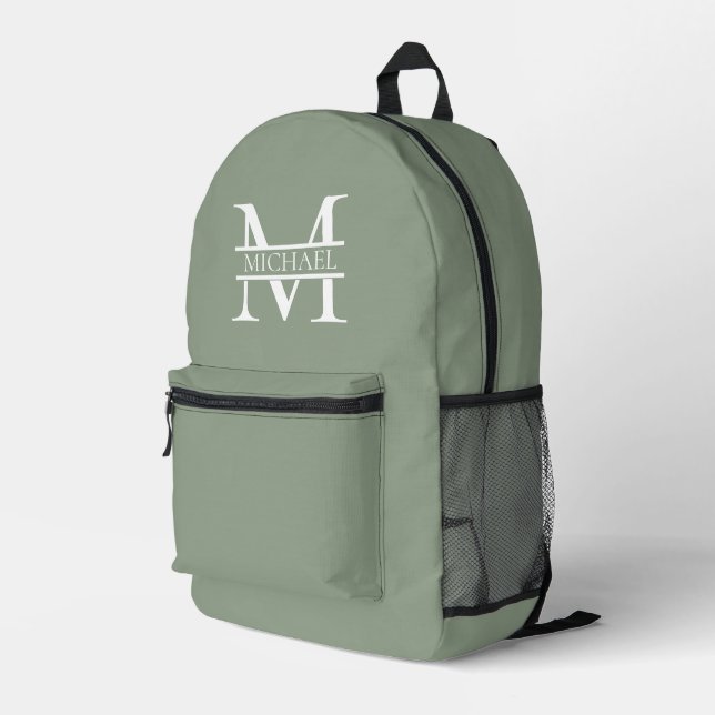 Personalised Elegant Sage Green Monogram & Name Printed Backpack (Back Corner Right)