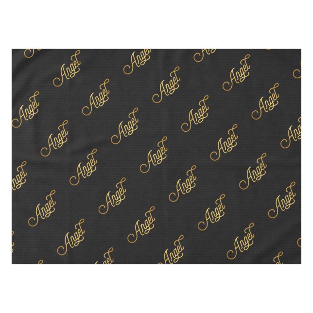 Personalised Elegant Script Angel Gold Black Tablecloth (Front (Horizontal))