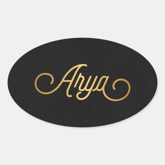 Personalised Elegant Script Arya Gold Black Oval Sticker (Front)