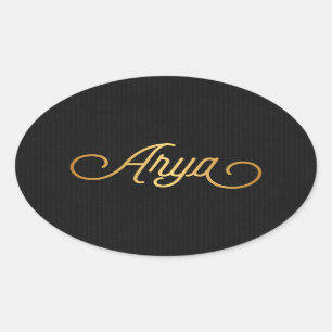 Personalised Elegant Script Arya Gold Black Oval Sticker