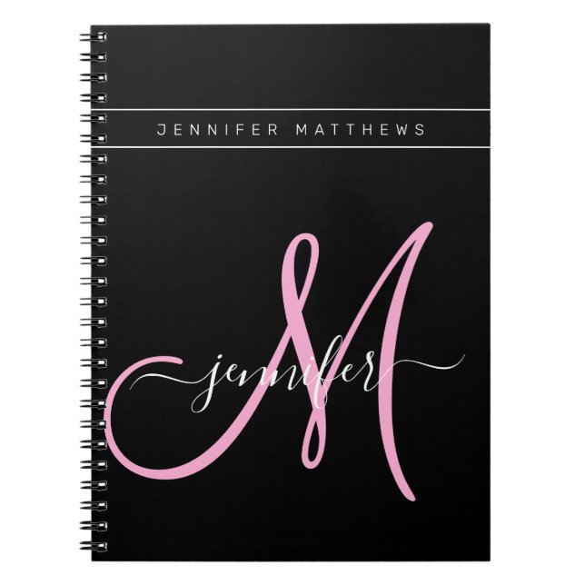 Personalised Elegant Script Black Pink Monogram Notebook (Front)