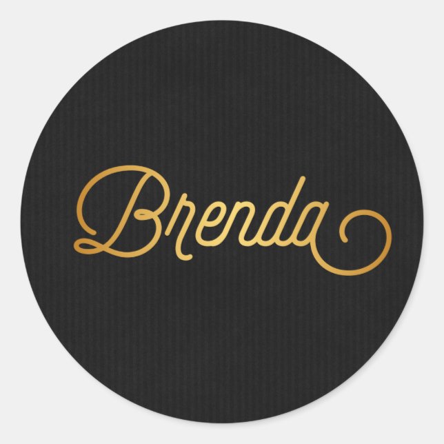 Personalised Elegant Script Brenda Gold Black Classic Round Sticker (Front)