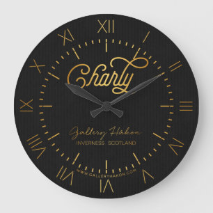 Personalised Elegant Script Charly Gold Black Large Clock