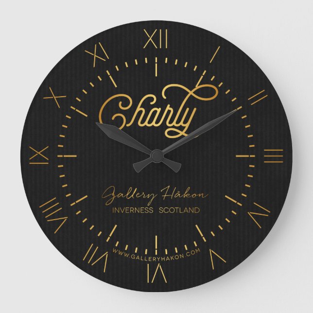 Personalised Elegant Script Charly Gold Black Large Clock (Front)