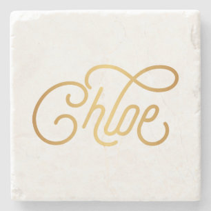 Personalised Elegant Script Chloe Gold on Black Stone Coaster