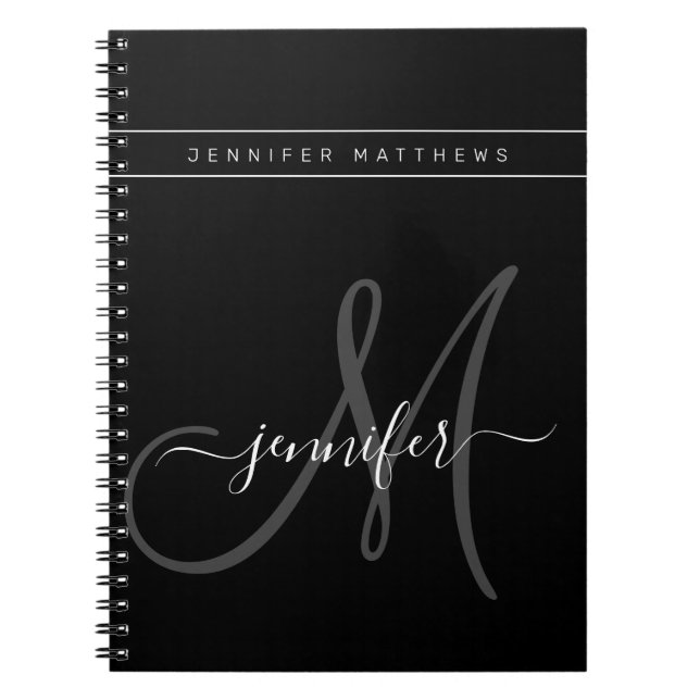 Personalised Elegant Script Grey Black Monogram Notebook (Front)