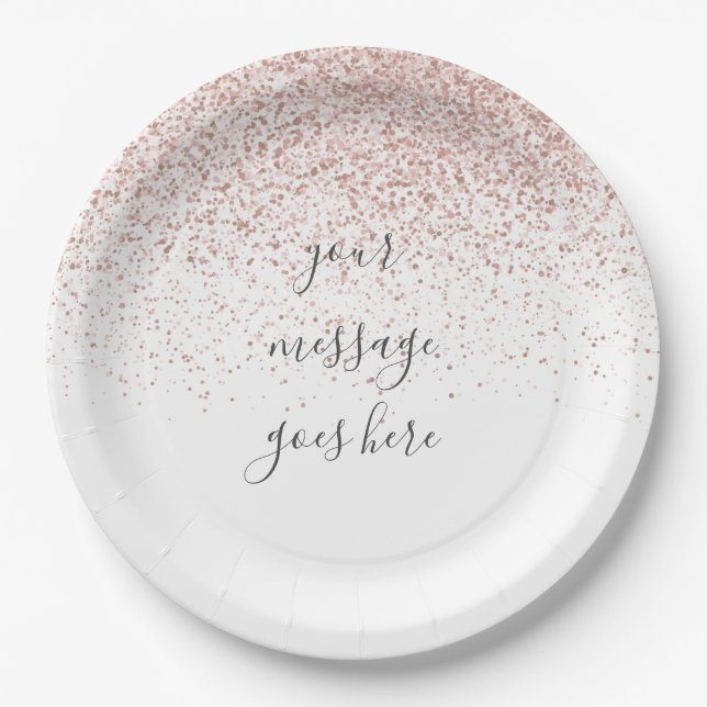 Personalised Elegant Script Rose Gold Glitter Paper Plate (Front)