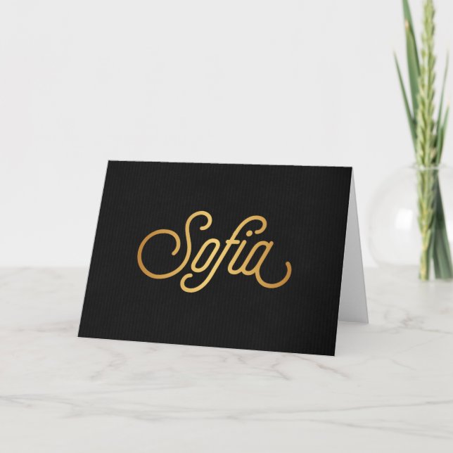Personalised Elegant Script Sofia Gold Black Holiday Card (Front)
